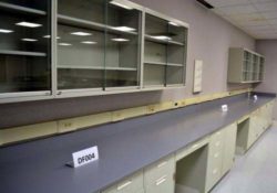 27' Fisher Hamilton Laboratory Furniture Cabinets w/ 18' Upper Cabinets Epoxy Resin Counter Tops