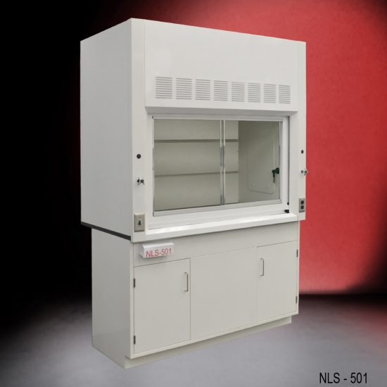 Angled view of a 5 Foot Fisher American Fume Hood with one general storage cabinet
