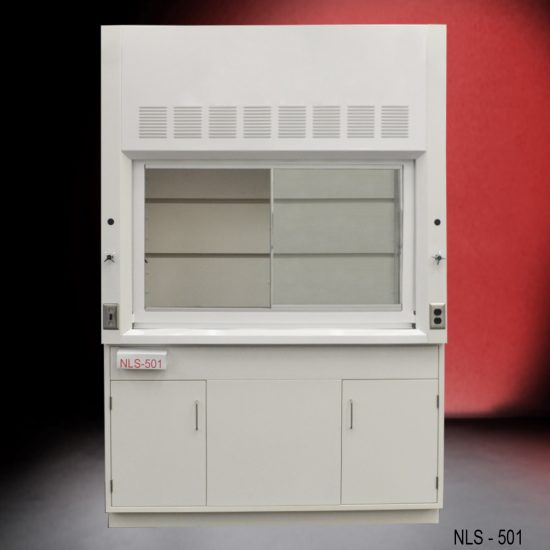 Front view of a 5 Foot Fisher American Fume Hood with one general storage cabinet