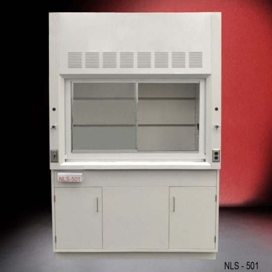 Front view of a 5 Foot Fisher American Fume Hood with one general storage cabinet