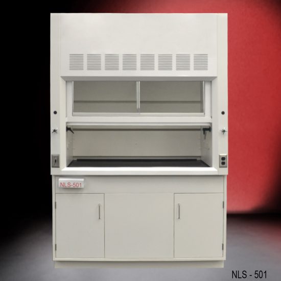 Front view of a 5 Foot Fisher American Fume Hood with one general storage cabinet. Sash is partially closed