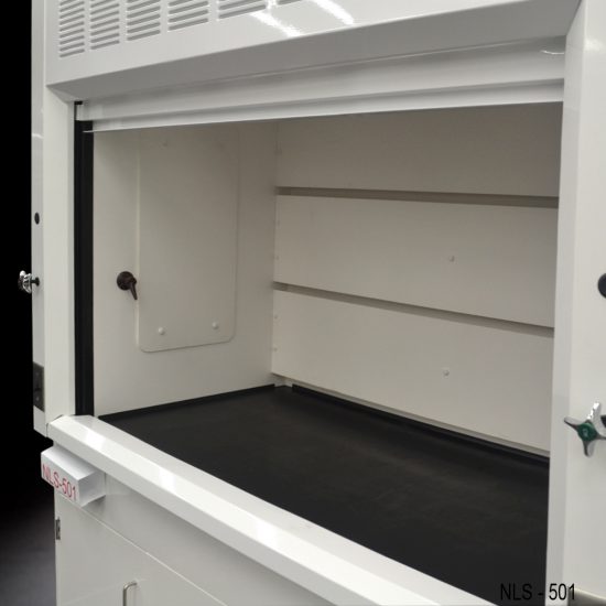 Close up view of the working area on a 5 Foot Fisher American Fume Hood with one general storage cabinet