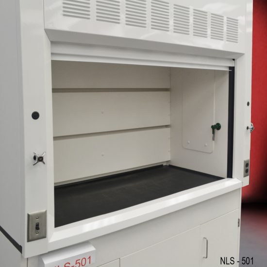 Close up view of the working area on a 5 Foot Fisher American Fume Hood with one general storage cabinet