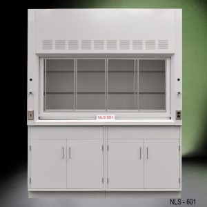 Front view of a 6 foot Fisher American fume hood with two general storage cabinets, one light on/off switch, one AC power plug