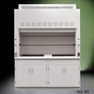Front view of a 6 foot Fisher American fume hood with one vertical sliding sash door with four horizontal sliding glass windows