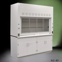 Angled view of a 6 foot Fisher American fume hood with two general storage cabinets, one light on/off switch, one AC power plug