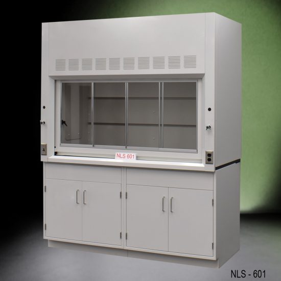 Front view of a 6 foot Fisher American fume hood with two general storage cabinets, one light on/off switch, one AC power plug