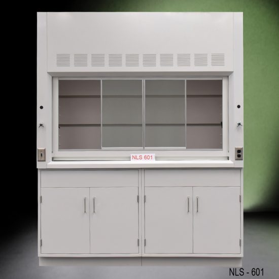 Front view of a 6 foot Fisher American fume hood with 2 general storage cabinets, 1 light on/off switch, 1 AC power plug