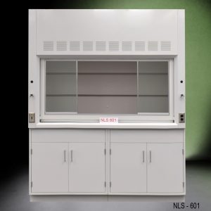 Front view of a 6 foot Fisher American fume hood with 2 general storage cabinets, 1 light on/off switch, 1 AC power plug
