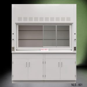 Front view of a 6 foot Fisher American fume hood with two general storage cabinets, one cold water valve, one gas valve