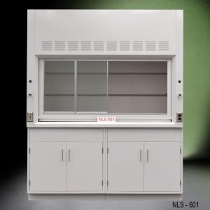 Front view of a 6 foot Fisher American fume hood with 2 general storage cabinets, 1 cold water valve, 1 gas valve