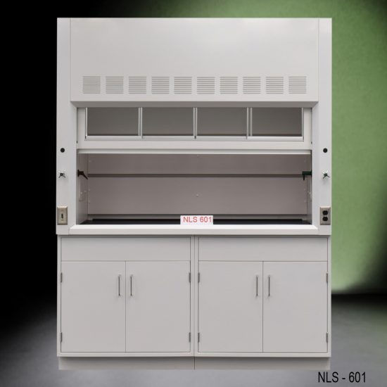 Front view of a 6 foot Fisher American fume hood with 1 vertical sliding sash door with 4 horizontal sliding glass windows