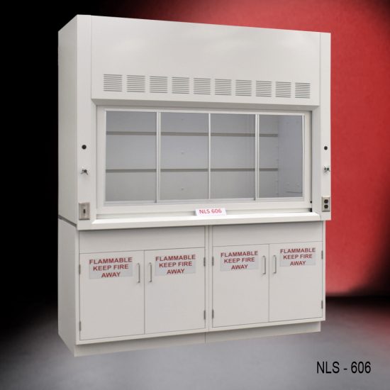Front view of a 6 foot Fisher American fume hood with two flammable storage cabinets, one light on/off switch, one AC power plug