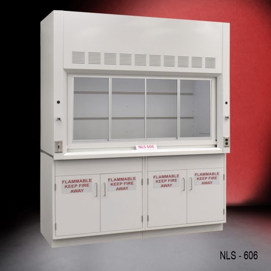 Front view of a 6 foot Fisher American fume hood with two flammable storage cabinets, one light on/off switch, one AC power plug