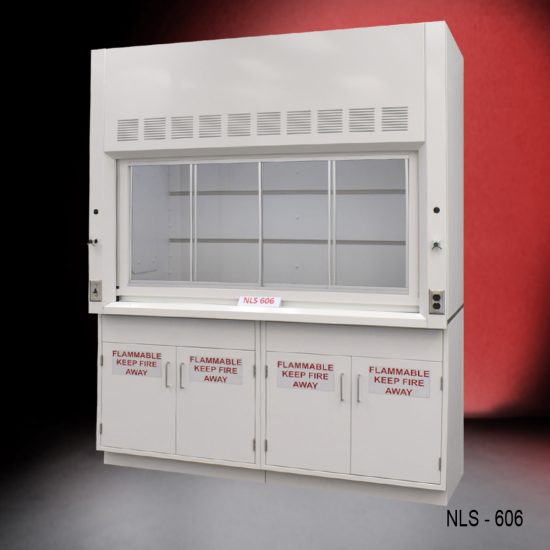 Front view of a 6 foot Fisher American fume hood with two flammable storage cabinets, one light on/off switch, one AC power plug