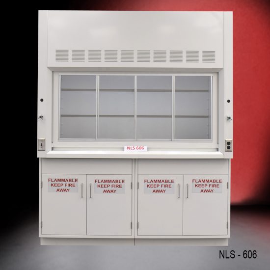 Front view of a 6 foot Fisher American fume hood with two flammable storage cabinets, one light on/off switch, one AC power plug