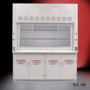 Front view of a 6 foot Fisher American fume hood with 2 flammable storage cabinets, 1 light on/off switch, 1 AC power plug