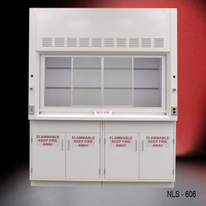 Front view of a 6 foot Fisher American fume hood with two flammable storage cabinets, one cold water valve, one gas valve