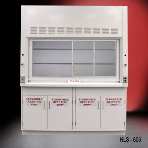 Front view of a 6 foot Fisher American fume hood with 2 flammable storage cabinets, 1 cold water valve, 1 gas valve