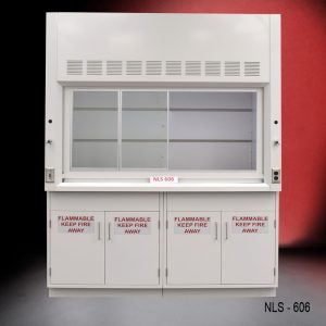 Front view of a 6 foot Fisher American fume hood with two flammable storage cabinets, one vertical sliding sash door