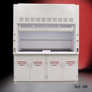 Front view of a 6 foot Fisher American fume hood with one vertical sliding sash door with four horizontal sliding glass windows