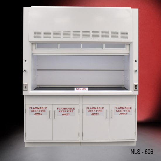 Front view of a 6 foot Fisher American fume hood with one vertical sliding sash door with four horizontal sliding glass windows