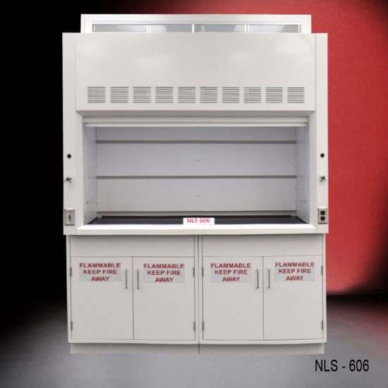 Front view of a 6 foot Fisher American fume hood with 1 vertical sliding sash door with 4 horizontal sliding glass windows