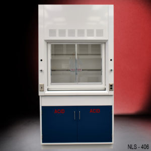 4′ Fisher American Fume Hood w/ Blue Acid Base Cabinets front