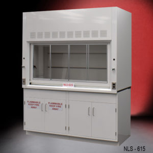 Fume hood with vertical sash and two flammable storage cabinets.