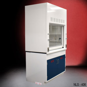 4′ Fisher American Fume Hood w/ Blue Acid Base Cabinets side angle view