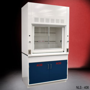 4′ Fisher American Fume Hood w/ Blue Acid Base Cabinets Angle Closed