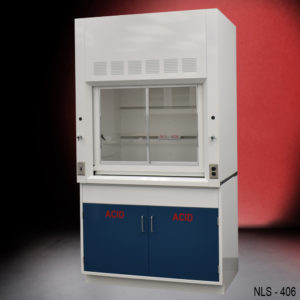 4′ Fisher American Fume Hood w/ Blue Acid Base Cabinets front closed