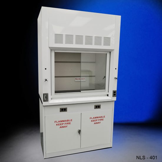 White fume hood with two white flammable storage cabinets.