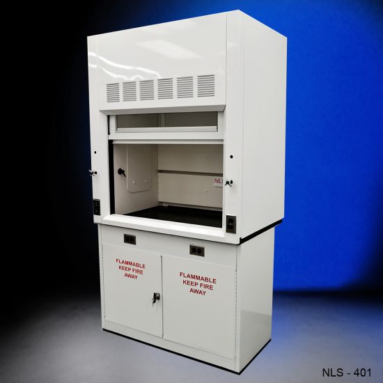 White fume hood with two white flammable storage cabinets.