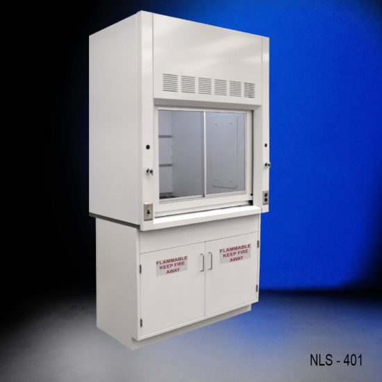 4-ft laboratory fume hood with a open sash revealing the interior workspace. The base consists of two cabinets labeled 'FLAMMABLE KEEP FIRE AWAY', highlighting safety precautions.