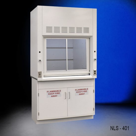 4-ft laboratory fume hood with a open sash revealing the interior workspace. The base consists of two cabinets labeled 'FLAMMABLE KEEP FIRE AWAY', highlighting safety precautions. The fume hood is set against a deep blue background.