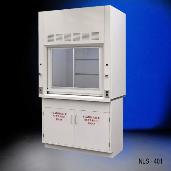 4-ft fume hood with a open sash revealing the interior workspace. The base consists of two cabinets labeled 'FLAMMABLE KEEP FIRE AWAY', highlighting safety precautions. The fume hood is set against a deep blue background.