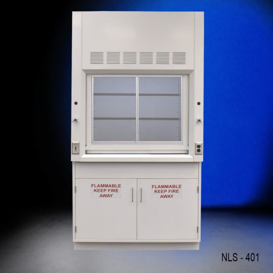 4-foot fume hood with a open sash revealing the interior workspace. The base consists of two cabinets labeled 'FLAMMABLE KEEP FIRE AWAY', highlighting safety precautions. The fume hood is set against a deep blue background.