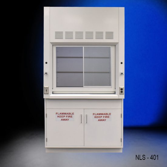 Fume hood with a open sash revealing the interior workspace. The base consists of two cabinets labeled 'FLAMMABLE KEEP FIRE AWAY', highlighting safety precautions. The fume hood is set against a deep blue background.
