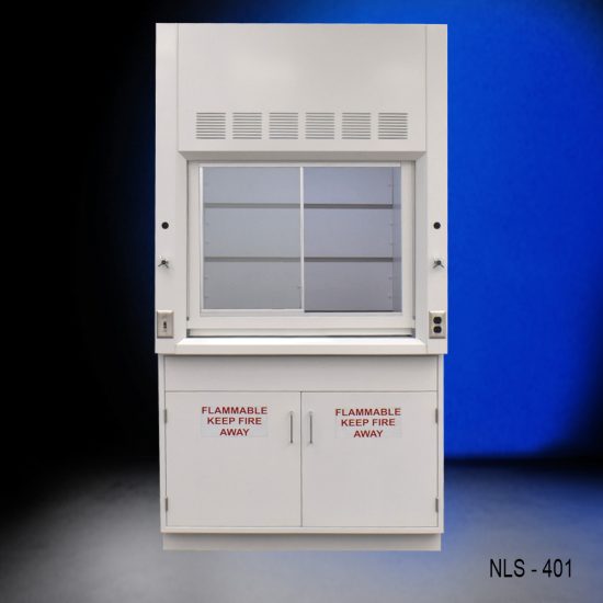 Fume hood, model NLS-401, with a raised sash revealing the interior workspace. The base consists of two cabinets labeled 'FLAMMABLE KEEP FIRE AWAY', highlighting safety precautions. The fume hood is set against a deep blue background.