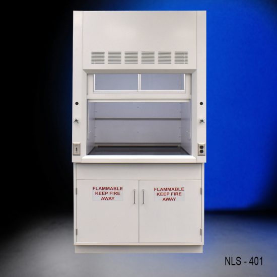 White fume hood, model NLS-401, with a raised sash revealing the interior workspace. The base consists of two cabinets labeled 'FLAMMABLE KEEP FIRE AWAY', highlighting safety precautions. The fume hood is set against a deep blue background.