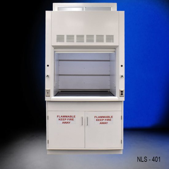 White laboratory fume hood, model NLS-401, with a raised sash revealing the interior workspace. The base consists of two cabinets labeled 'FLAMMABLE KEEP FIRE AWAY', highlighting safety precautions. The fume hood is set against a deep blue background.