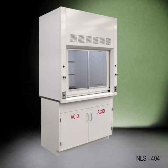 4-ft laboratory fume hood with the sash half open, revealing the interior workspace and airfoil. Below are two storage cabinets marked with 'ACID' for proper chemical storage, set against a two-tone dark green and black background.
