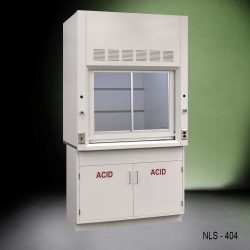 4-foot laboratory fume hood with the sash half open, revealing the interior workspace and airfoil. Below are two storage cabinets marked with 'ACID' for proper chemical storage, set against a two-tone dark green and black background.