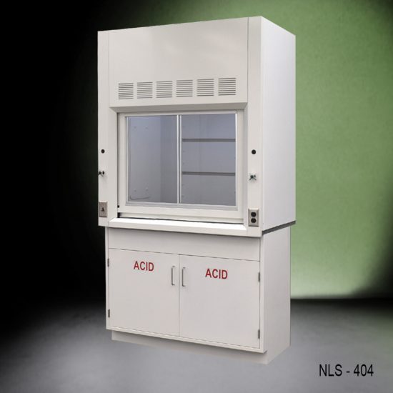 4-ft white laboratory fume hood with the sash half open, revealing the interior workspace and airfoil. Below are two storage cabinets marked with 'ACID' for proper chemical storage, set against a two-tone dark green and black background.