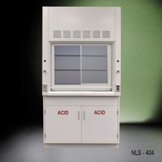 4-foot white laboratory fume hood, model NLS-404, with the sash half open, revealing the interior workspace and airfoil. Below are two storage cabinets marked with 'ACID' for proper chemical storage, set against a two-tone dark green and black background.