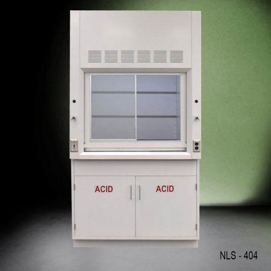 A compact white laboratory fume hood, model NLS-404, with the sash half open, revealing the interior workspace and airfoil. Below are two storage cabinets marked with 'ACID' for proper chemical storage, set against a two-tone dark green and black background.