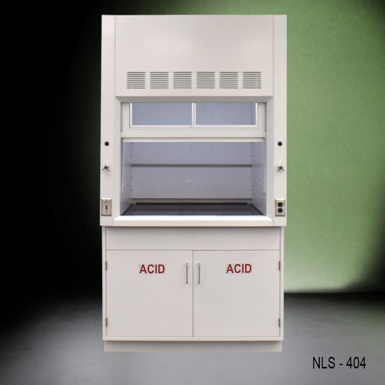 A compact white laboratory fume hood, model NLS-404, with the sash partially closed, revealing the interior workspace and airfoil. Below are two storage cabinets marked with 'ACID' for proper chemical storage, set against a two-tone dark green and black background.