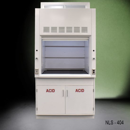 A compact white laboratory fume hood, model NLS-404, with the sash raised, revealing the interior workspace and airfoil. Below are two storage cabinets marked with 'ACID' for proper chemical storage, set against a two-tone dark green and black background.