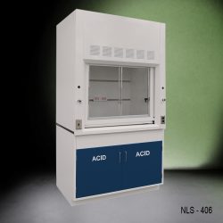 Angled view of Fisher American 4 Foot Fume Hood with blue acid cabinets
